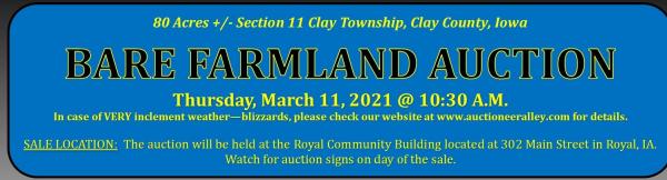 Ruth Draut Revocable Trust 80 Acre bare farmland Auction Section 11 of Clay Township, Clay County, Iowa