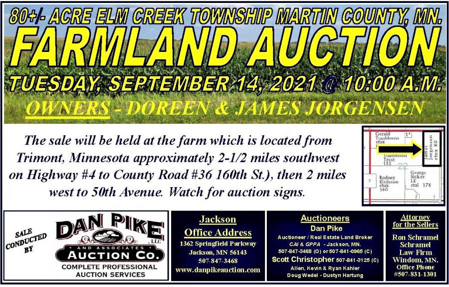 DOREEN & JAMES JORGENSEN 80+/- ELM CREEK TOWNSHIP MARTIN COUNTY MINNESOTA FARMLAND AUCTION