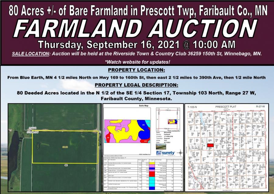 Bare Farmland Auction in Faribault County, MN