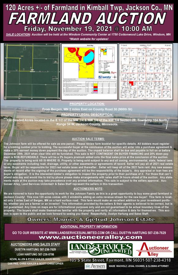 MAURICE & GJETRUD JOHNSON ESTATE 120 ACRE FARMLAND AUCTION