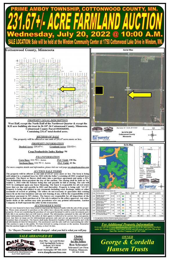 GEORGE & CORDELLA HANSEN TRUSTS 231.67 ACRE AMBOY TOWNSHIP COTTONWOOD COUNTY, MN. FARMLAND AUCTION