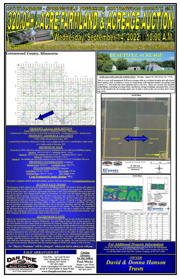 DAVID & DONNA HANSON TRUSTS OUTSTANDING 320.04+/- ACRE FARMLAND & ACREAGE AUCTION