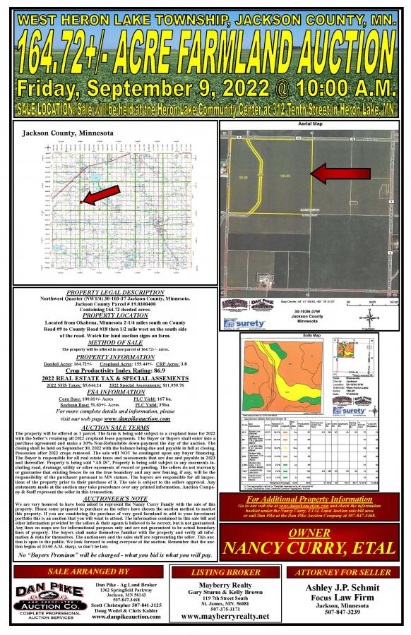 NANCY CURRY, ETAL - VERY GOOD 164.72+/- ACRE FARMLAND AUCTION