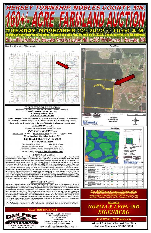 NORMA & LEONARD EIGENBERG 160+/- ACRE HERSEY TOWNSHIP NOBLES COUNTY, MN. BARE FARMLAND AUCTION