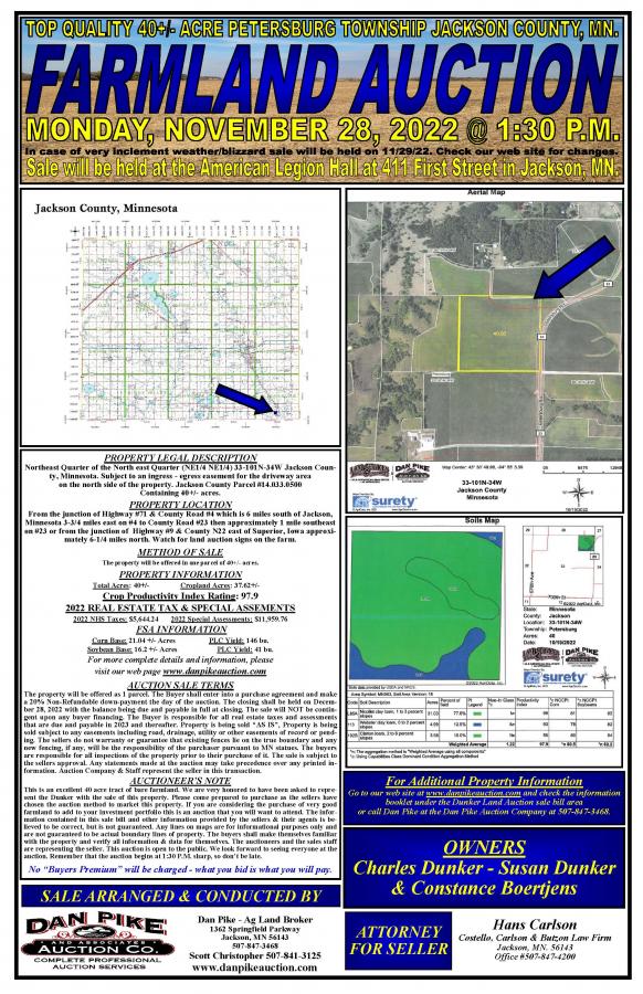 DUNKER FAMILY TOP QUALITY 40+/- ACRE LAND AUCTION