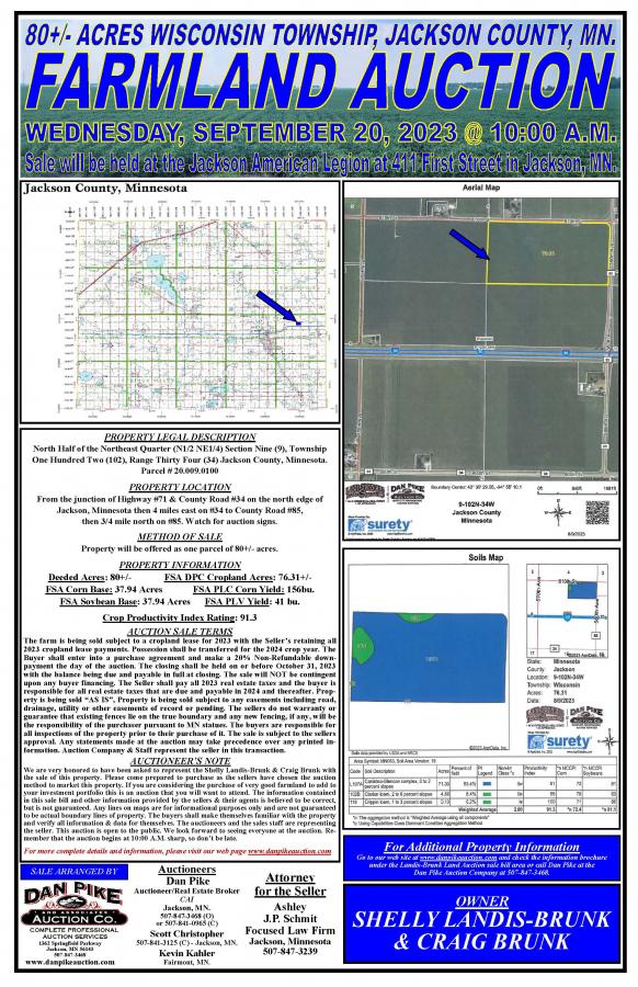 LANDIS-BRUNK PRIME WISCONSIN TOWNSHIP JACKSON COUNTY, MN. 80+/- ACRE FARMLAND LAND AUCTION