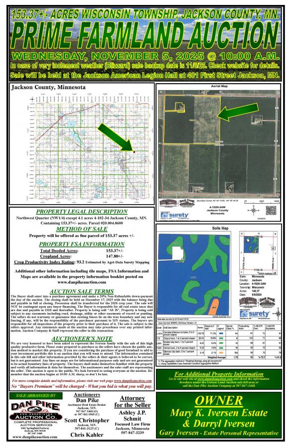 Mary K. Iversen Estate & Darryl Iversen 153.37+/- Acre Prime Farmland Auction