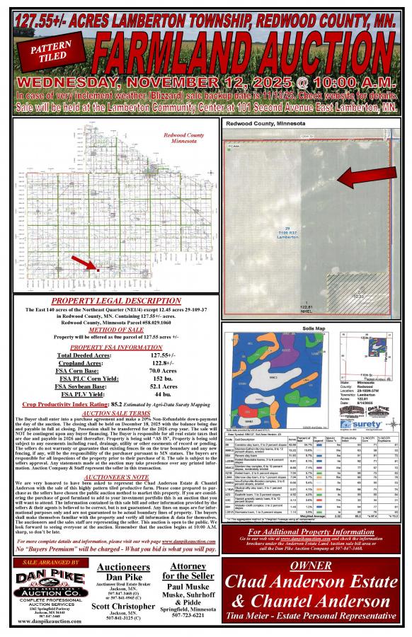 Chad Anderson Estate & Chantel Anderson Pattern Tiled 127.55+/- Acre Lamberton Township Redwood County, Minnesota Farmland Auction